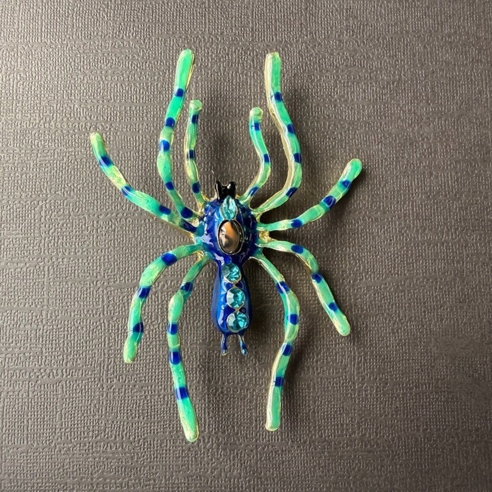 Spider Brooch Blue Green Striped Pin Gold Alloy Teal Rhinestone Halloween Insect